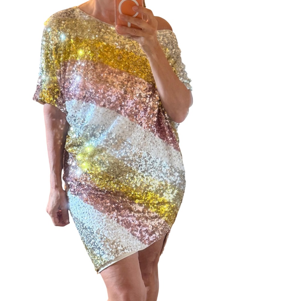 Trina Turk‎ Radiant Sequin Dress Gold Silver Rose Gold Stripe Womens Medium NWT